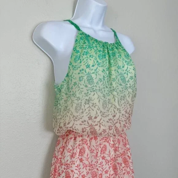 Old Navy Green and Pink blouson Tiered Maxi Dress sleeveless holiday S - Picture 3 of 11